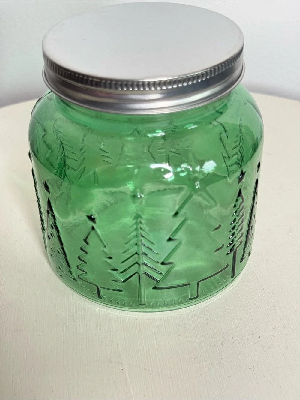 Green Glass Christmas Tree Jar With Lid